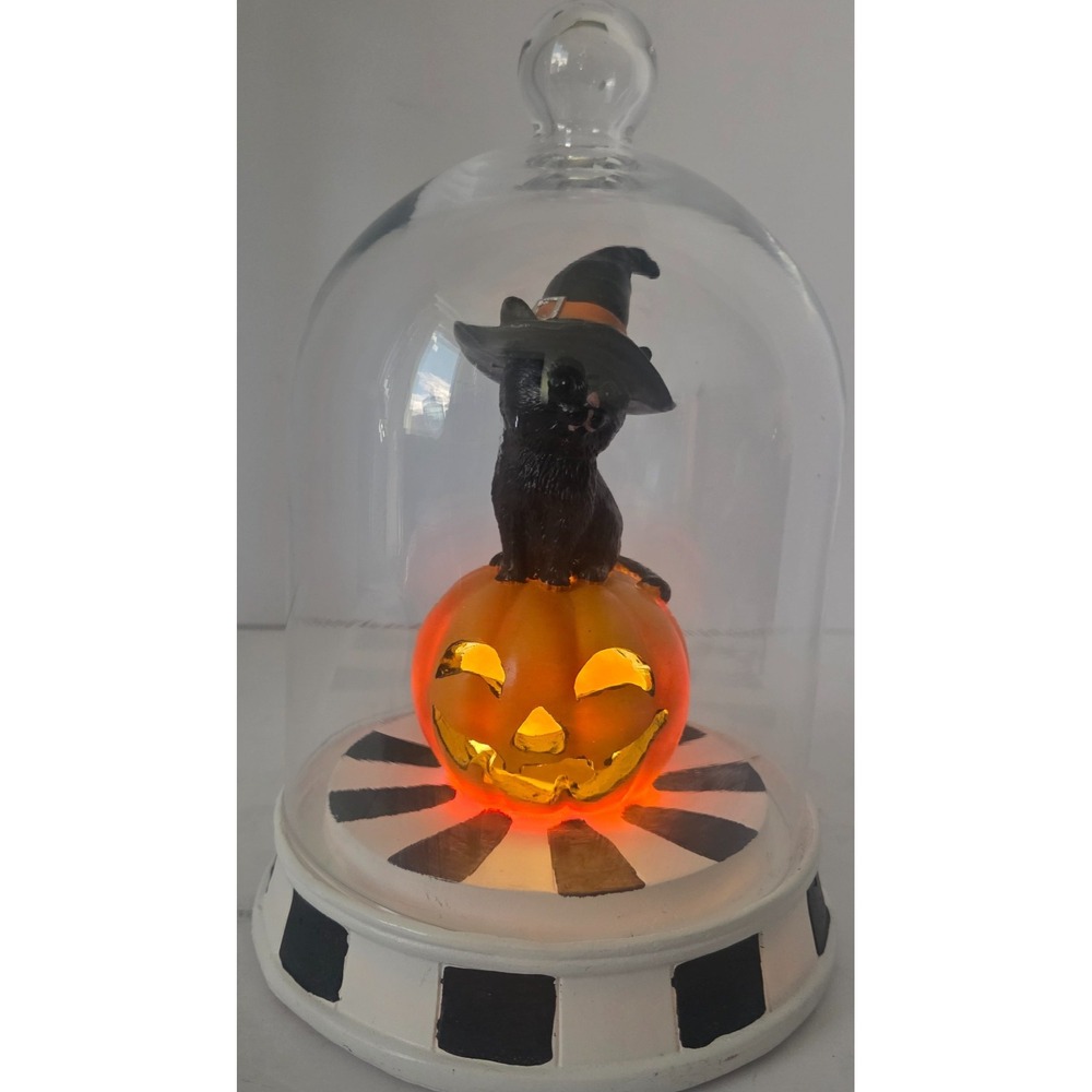 Halloween Black Cat Pumpkin Lighted Cloche Dome Witch Hat Figurine 9 Inch